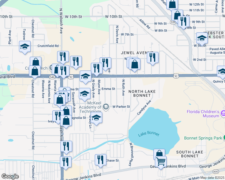 map of restaurants, bars, coffee shops, grocery stores, and more near 854 North Davis Avenue in Lakeland
