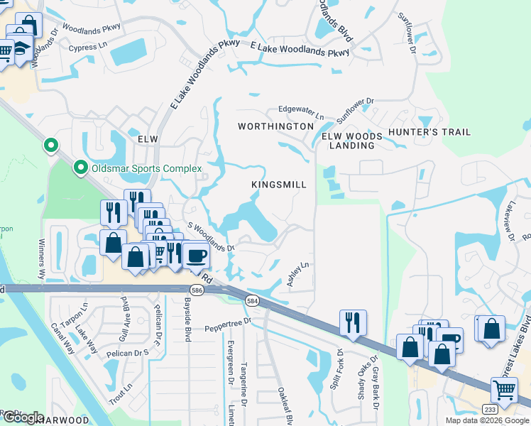 map of restaurants, bars, coffee shops, grocery stores, and more near 4850 Westchester Court in Oldsmar