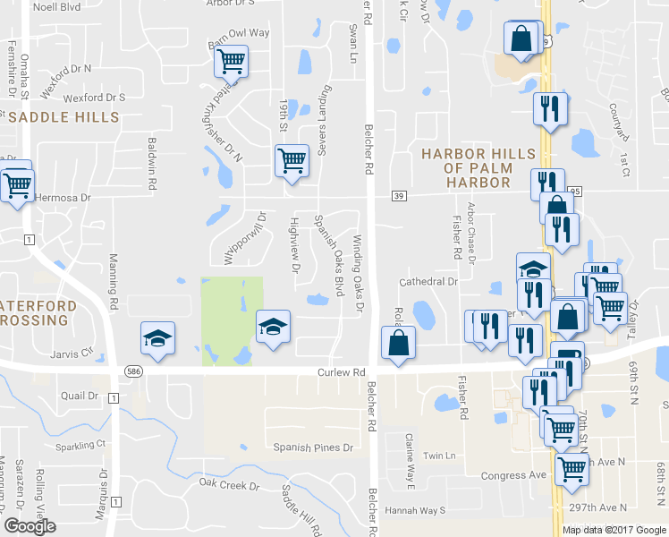 map of restaurants, bars, coffee shops, grocery stores, and more near 949 Spanish Oaks Boulevard in Palm Harbor