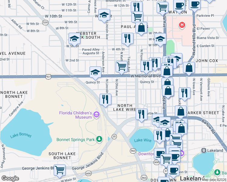 map of restaurants, bars, coffee shops, grocery stores, and more near 714 Emma Street in Lakeland