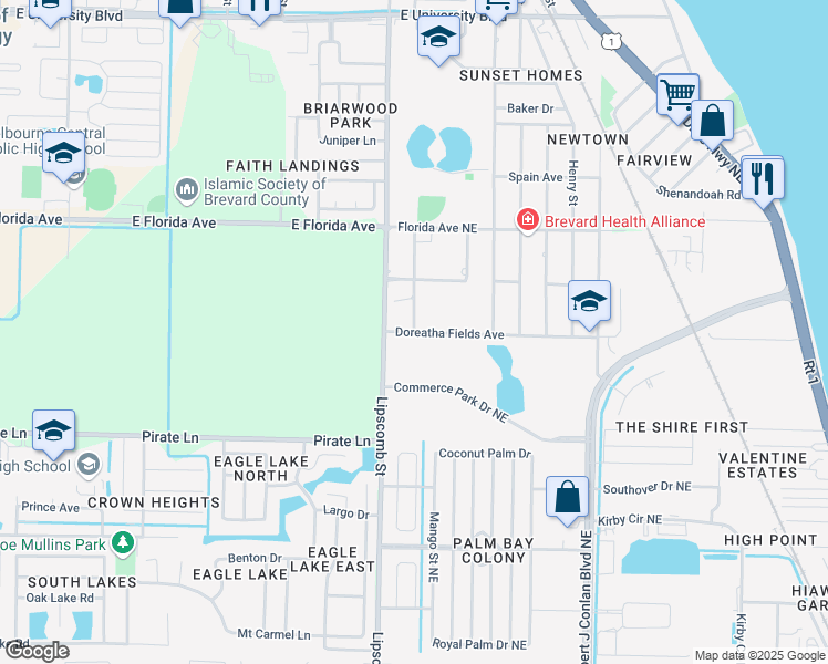 map of restaurants, bars, coffee shops, grocery stores, and more near 1440 Doctor Harvey Riley Street in Palm Bay