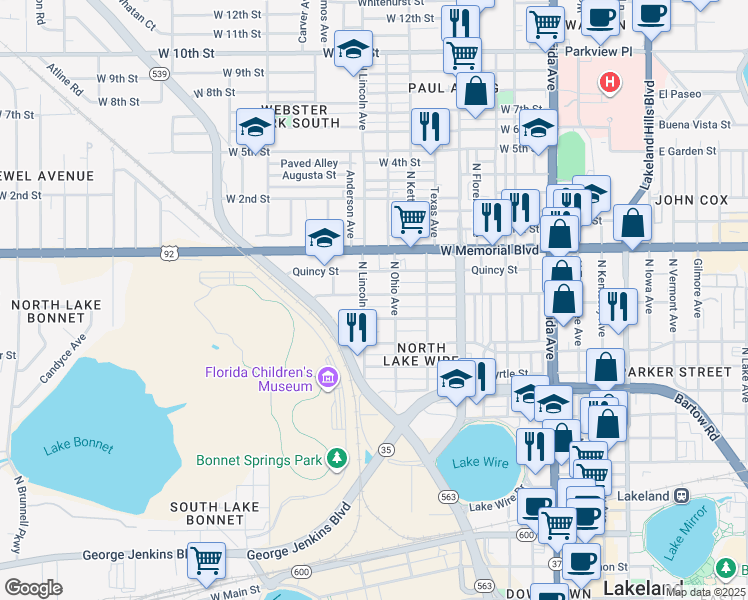 map of restaurants, bars, coffee shops, grocery stores, and more near 724 Emma Street in Lakeland