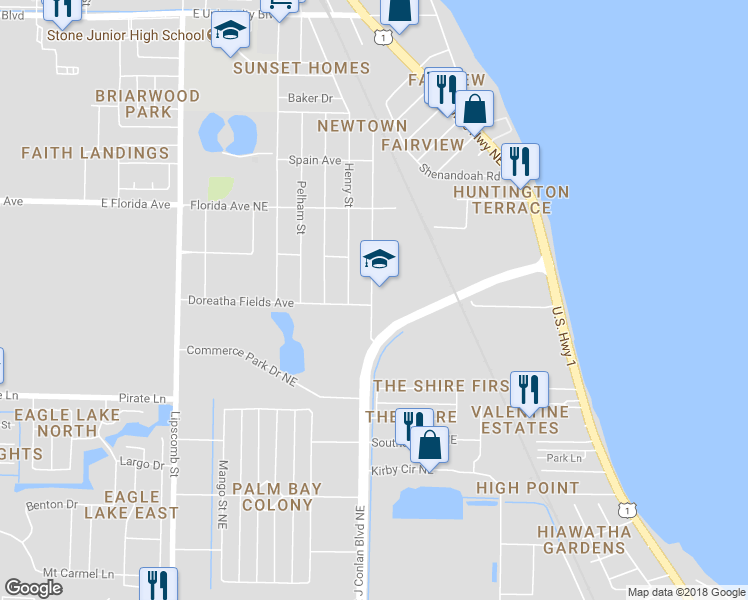 map of restaurants, bars, coffee shops, grocery stores, and more near 2107 Northview Street Northeast in Palm Bay