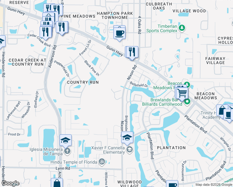 map of restaurants, bars, coffee shops, grocery stores, and more near 11301 Cayman Key Avenue in Tampa