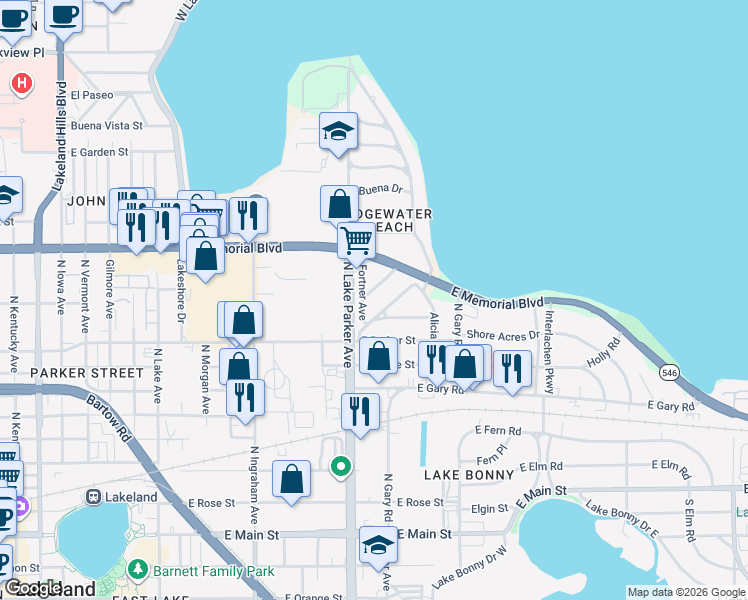 map of restaurants, bars, coffee shops, grocery stores, and more near 839 North Lake Parker Avenue in Lakeland