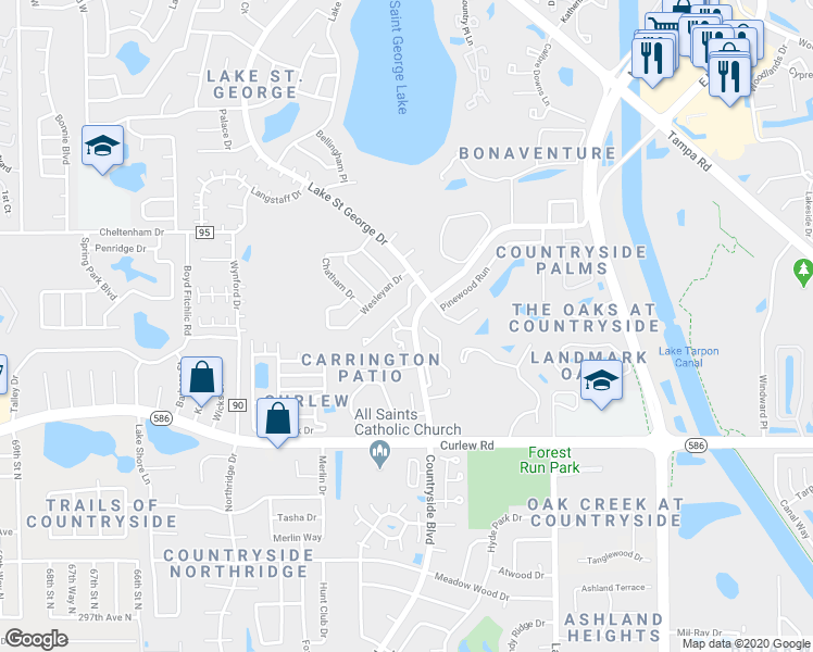 map of restaurants, bars, coffee shops, grocery stores, and more near 403 Whispering Oaks Lane in Palm Harbor