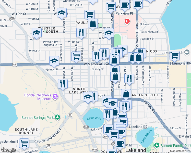 map of restaurants, bars, coffee shops, grocery stores, and more near 846 North Scott Avenue in Lakeland