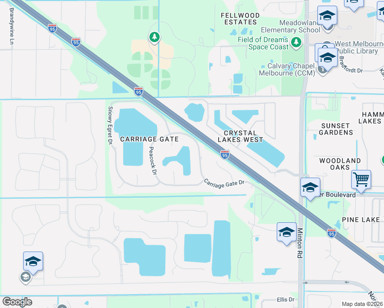map of restaurants, bars, coffee shops, grocery stores, and more near 3735 Peacock Drive in Melbourne