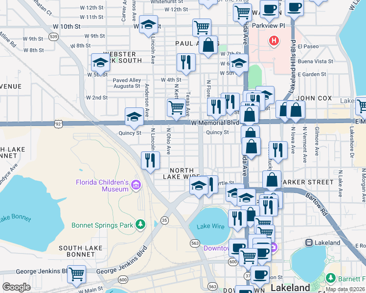 map of restaurants, bars, coffee shops, grocery stores, and more near 602 Emma Street in Lakeland