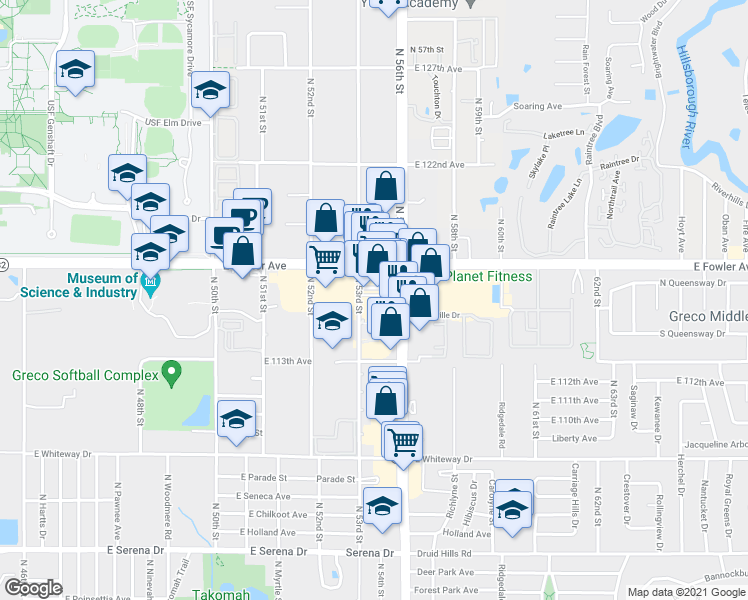 map of restaurants, bars, coffee shops, grocery stores, and more near 11501 North 53rd Street in Temple Terrace
