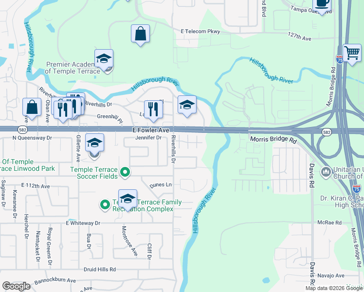 map of restaurants, bars, coffee shops, grocery stores, and more near 11405 Robles Del Rio Place in Tampa
