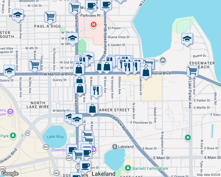 map of restaurants, bars, coffee shops, grocery stores, and more near 904 North Vermont Avenue in Lakeland