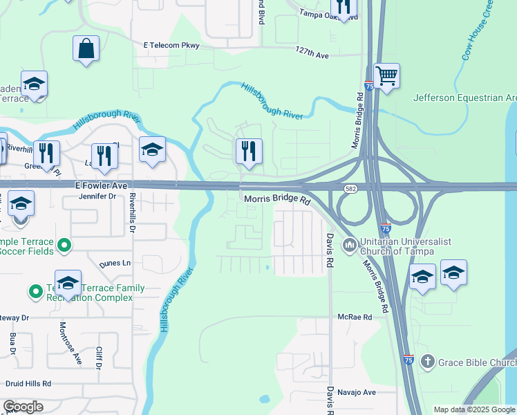 map of restaurants, bars, coffee shops, grocery stores, and more near 8628 Miramar Terrace Circle in Temple Terrace