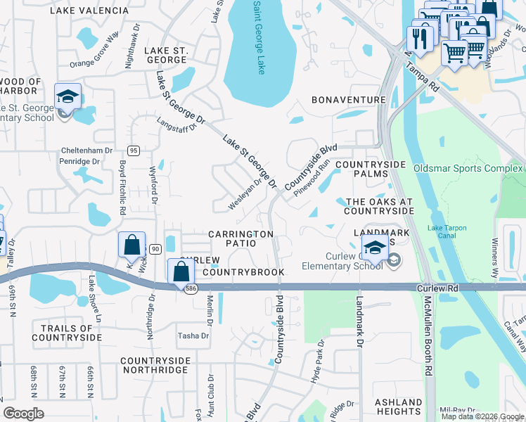 map of restaurants, bars, coffee shops, grocery stores, and more near 3607 Whispering Oaks Lane in Palm Harbor