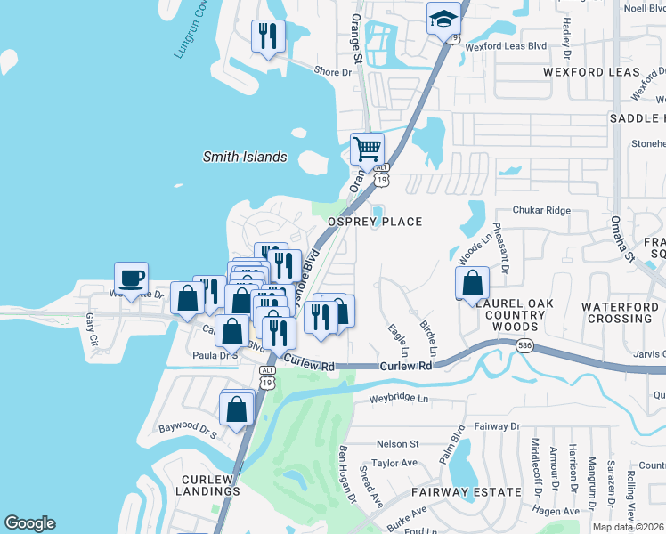 map of restaurants, bars, coffee shops, grocery stores, and more near 175 7th Street in Palm Harbor