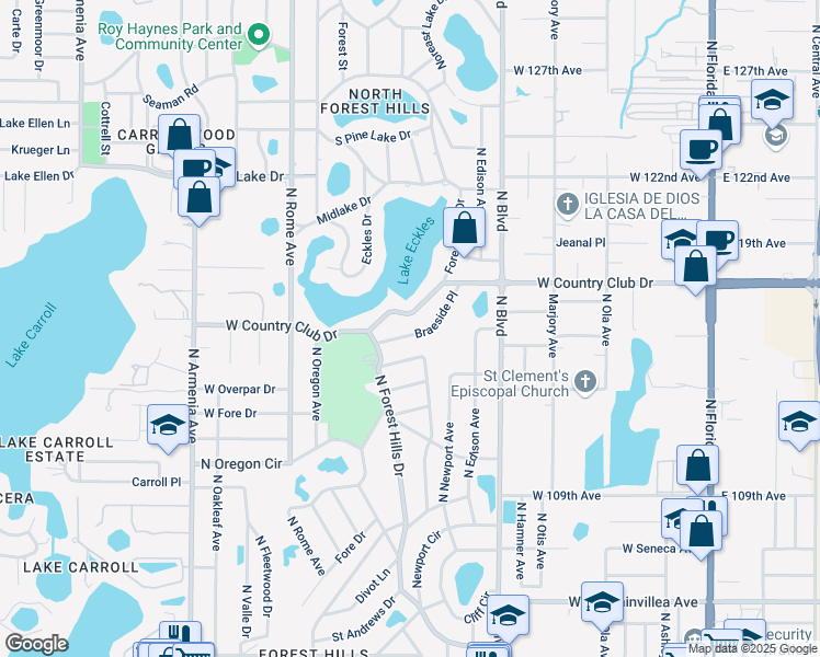 map of restaurants, bars, coffee shops, grocery stores, and more near 11512 Braeside Place in Tampa