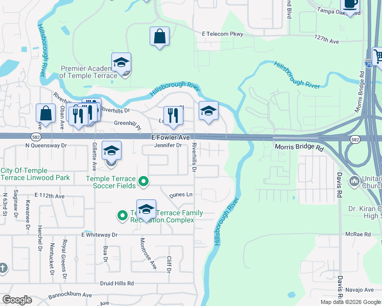 map of restaurants, bars, coffee shops, grocery stores, and more near 6712 Jennifer Drive in Tampa