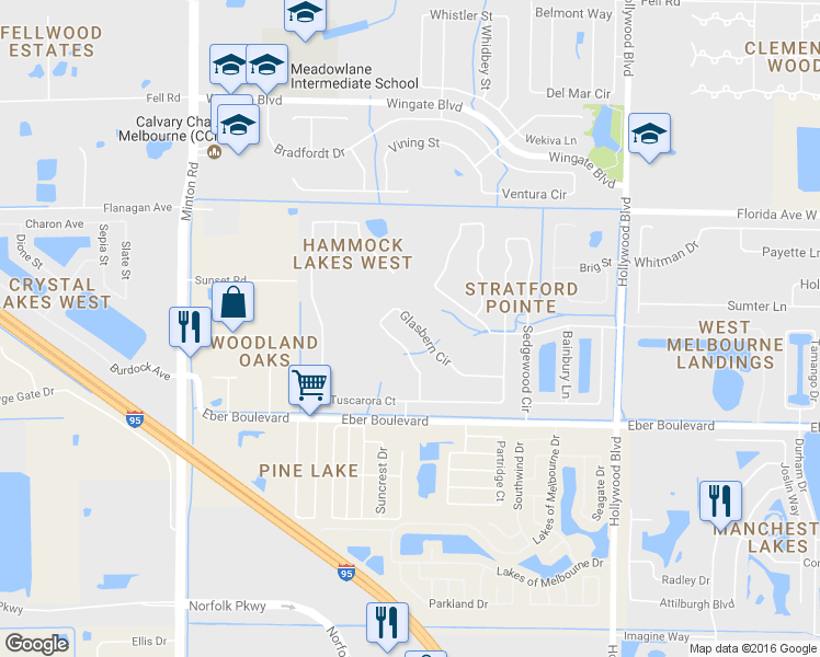map of restaurants, bars, coffee shops, grocery stores, and more near 2523 Glasbern Circle in West Melbourne