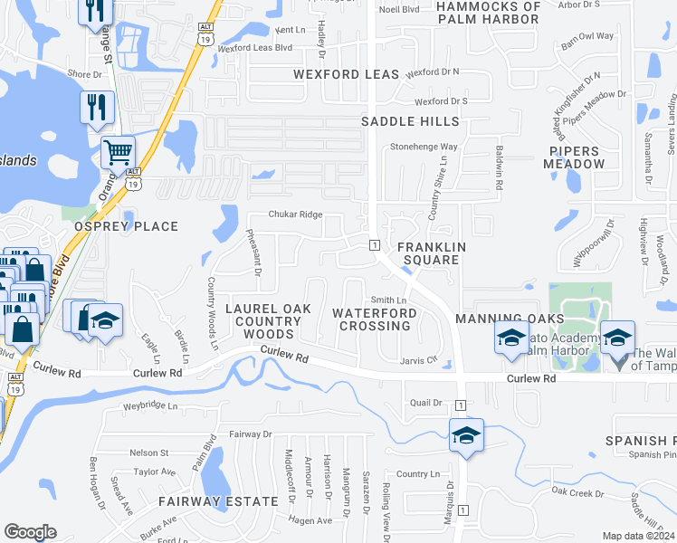 map of restaurants, bars, coffee shops, grocery stores, and more near 5 Hampton Lane in Palm Harbor