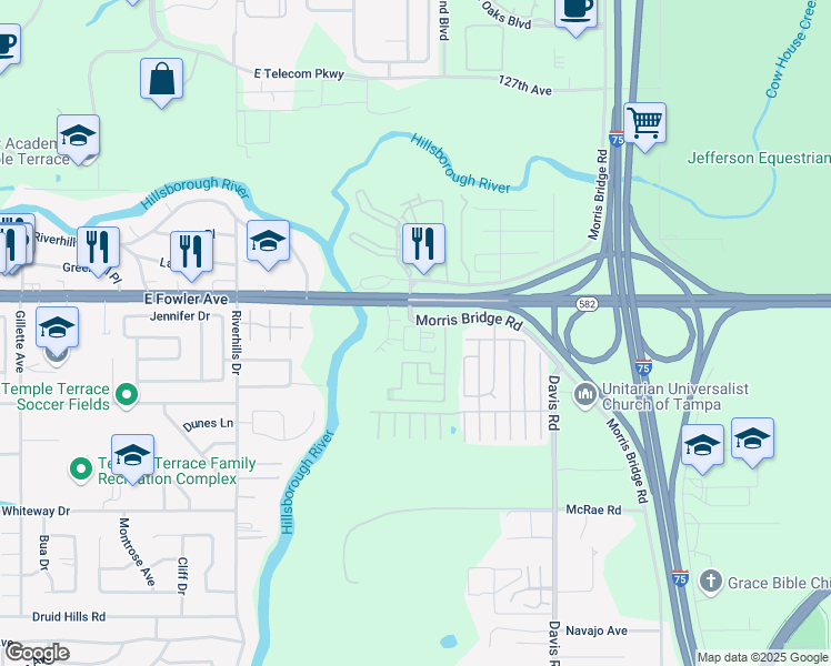 map of restaurants, bars, coffee shops, grocery stores, and more near 11414 Marbella Terrace Street in Temple Terrace