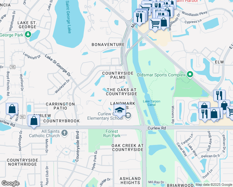 map of restaurants, bars, coffee shops, grocery stores, and more near 3014 Red Oak Court in Palm Harbor
