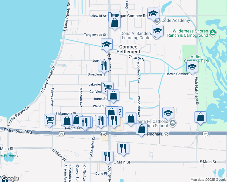 map of restaurants, bars, coffee shops, grocery stores, and more near 2622 Golfview Street in Lakeland