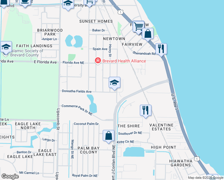 map of restaurants, bars, coffee shops, grocery stores, and more near 2106 Henry Street Northeast in Palm Bay