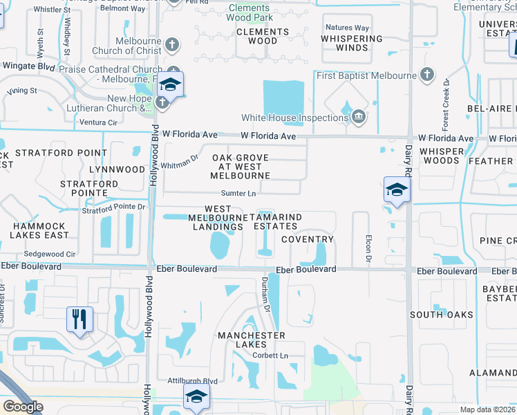 map of restaurants, bars, coffee shops, grocery stores, and more near 1091 Tamango Dr Gate in Melbourne