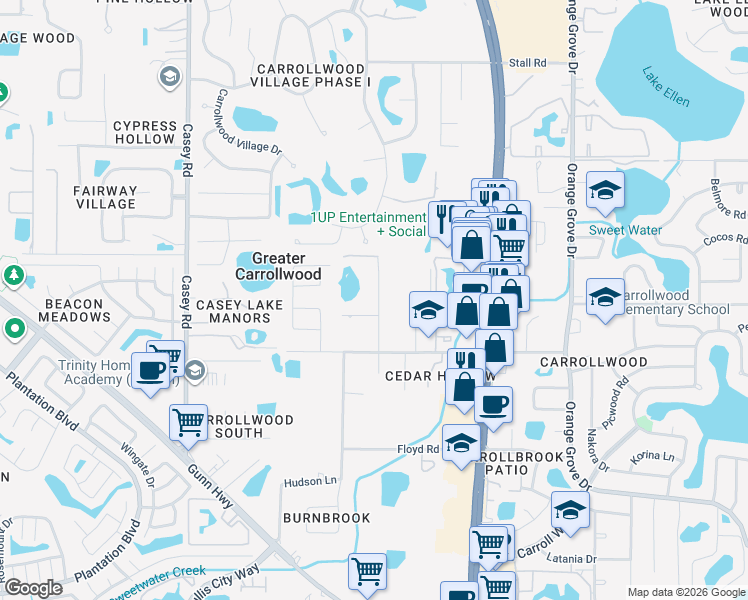 map of restaurants, bars, coffee shops, grocery stores, and more near 11504 North Grady Avenue in Tampa