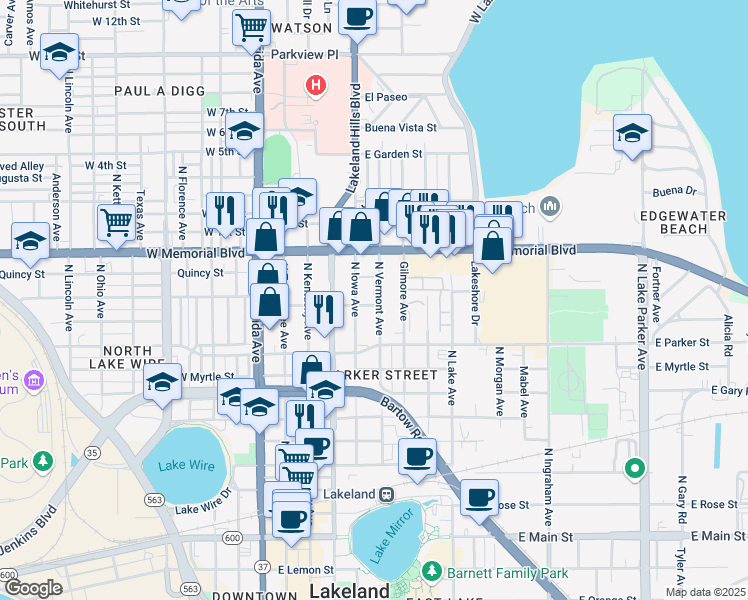 map of restaurants, bars, coffee shops, grocery stores, and more near 904 North Vermont Avenue in Lakeland