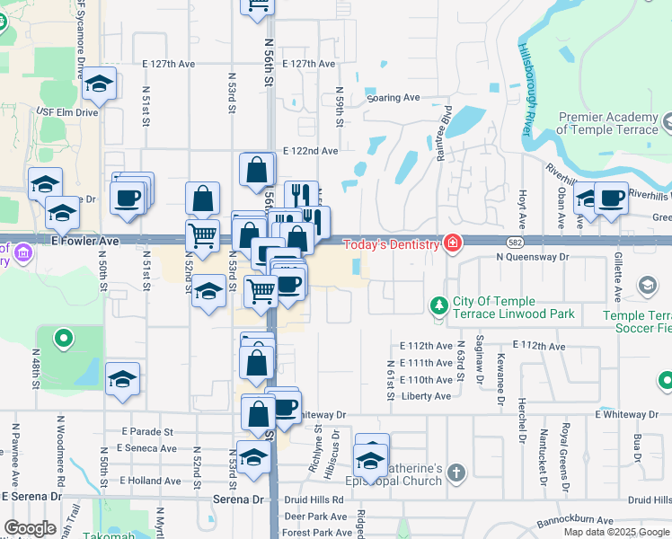 map of restaurants, bars, coffee shops, grocery stores, and more near 5901 East Fowler Avenue in Temple Terrace