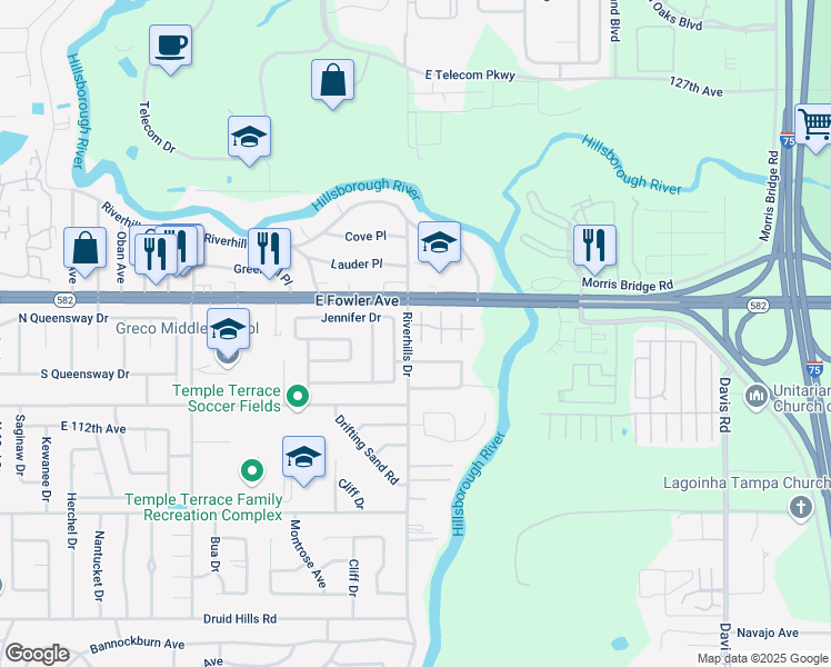 map of restaurants, bars, coffee shops, grocery stores, and more near 11408 Robles Del Rio Place in Tampa