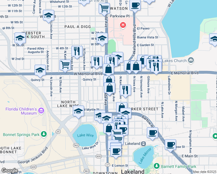 map of restaurants, bars, coffee shops, grocery stores, and more near 901 North Florida Avenue in Lakeland