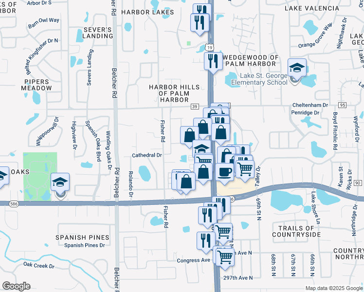 map of restaurants, bars, coffee shops, grocery stores, and more near 3627 Arboretum Place in Palm Harbor