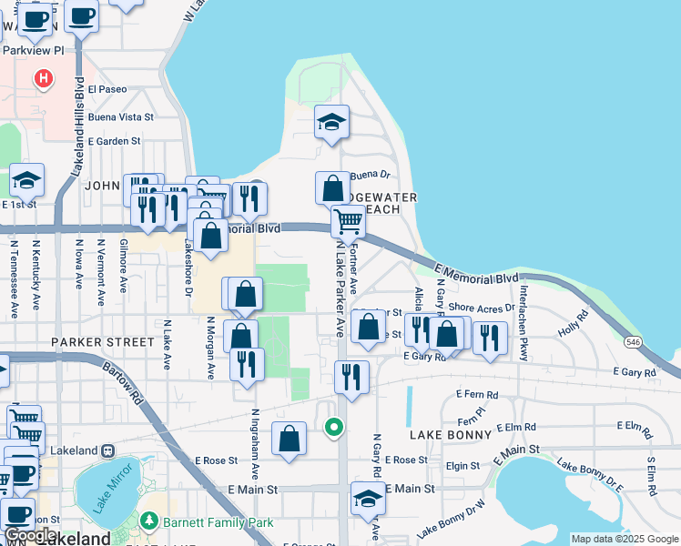 map of restaurants, bars, coffee shops, grocery stores, and more near North Lake Parker Avenue in Lakeland