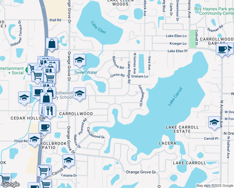 map of restaurants, bars, coffee shops, grocery stores, and more near 3109 McFarland Road in Greater Carrollwood