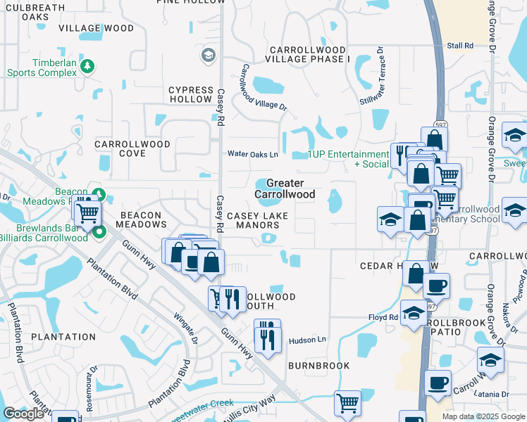map of restaurants, bars, coffee shops, grocery stores, and more near 4402 Round Lake Court in Tampa