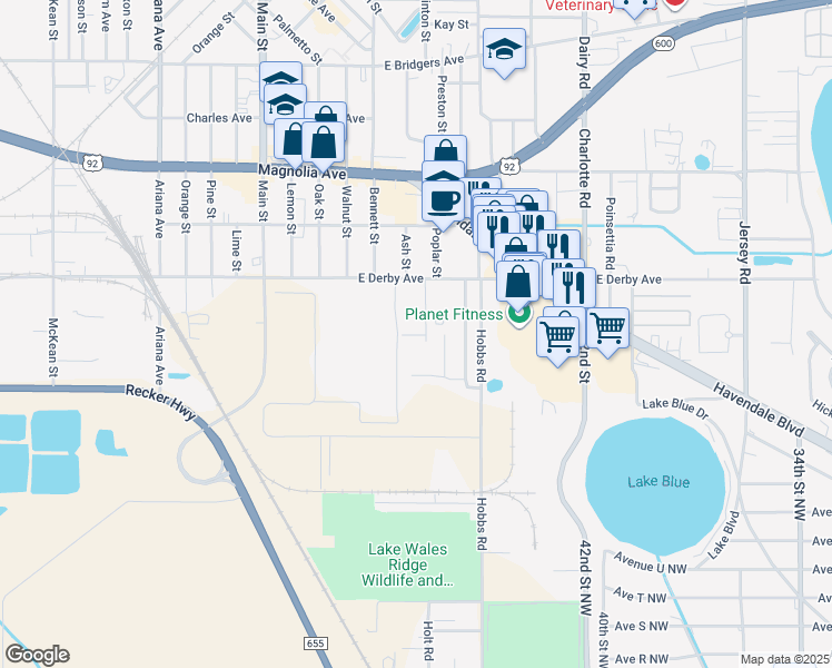 map of restaurants, bars, coffee shops, grocery stores, and more near 204 Kennedy Court in Auburndale
