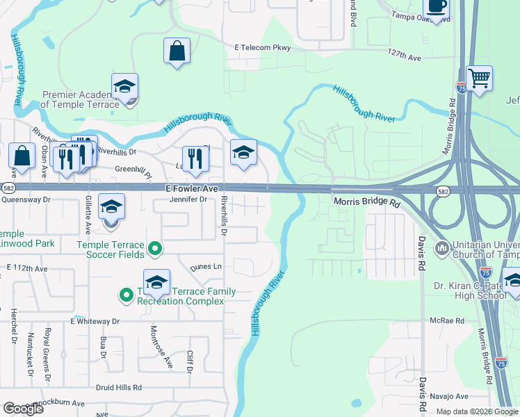 map of restaurants, bars, coffee shops, grocery stores, and more near 11403 Orilla Del Rio Place in Tampa