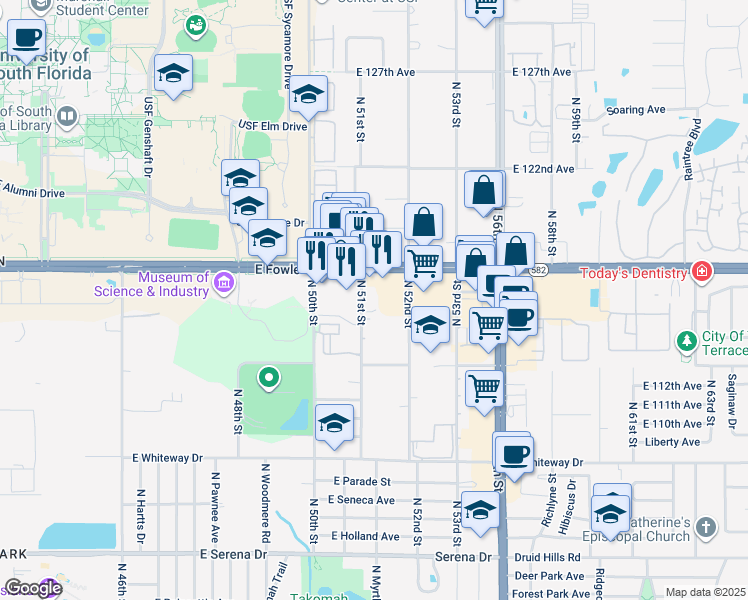 map of restaurants, bars, coffee shops, grocery stores, and more near 11613 North 51st Street in Tampa