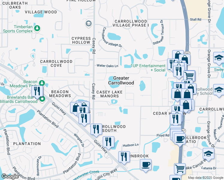 map of restaurants, bars, coffee shops, grocery stores, and more near 4402 Round Lake Court in Tampa