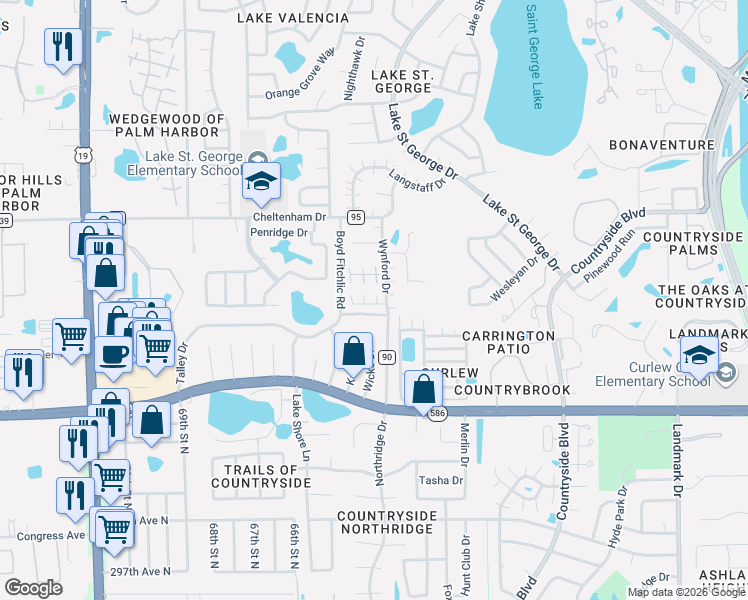 map of restaurants, bars, coffee shops, grocery stores, and more near 3614 Peterborough Court in Palm Harbor