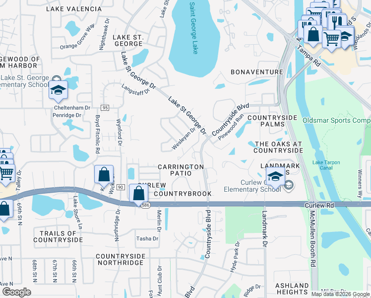 map of restaurants, bars, coffee shops, grocery stores, and more near 2843 Thaxton Drive in Palm Harbor