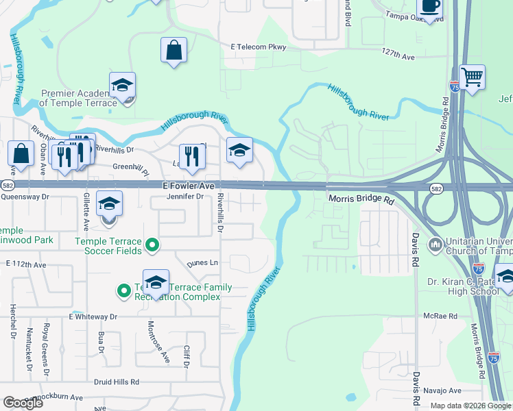 map of restaurants, bars, coffee shops, grocery stores, and more near 11403 Orilla Del Rio Place in Tampa