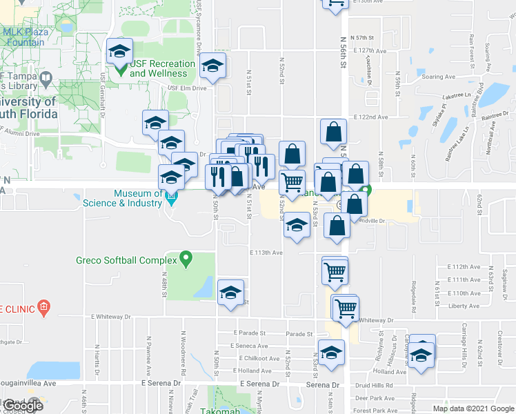 map of restaurants, bars, coffee shops, grocery stores, and more near 11613 N 51st St in Tampa