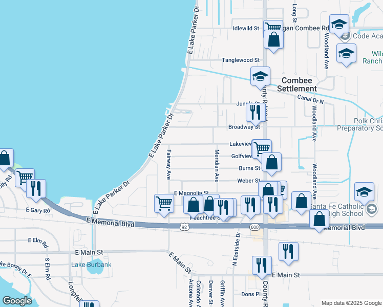 map of restaurants, bars, coffee shops, grocery stores, and more near 2242 Golfview Street in Lakeland