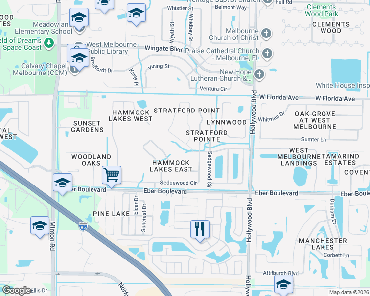 map of restaurants, bars, coffee shops, grocery stores, and more near 2301 Stratford Pointe Drive in West Melbourne