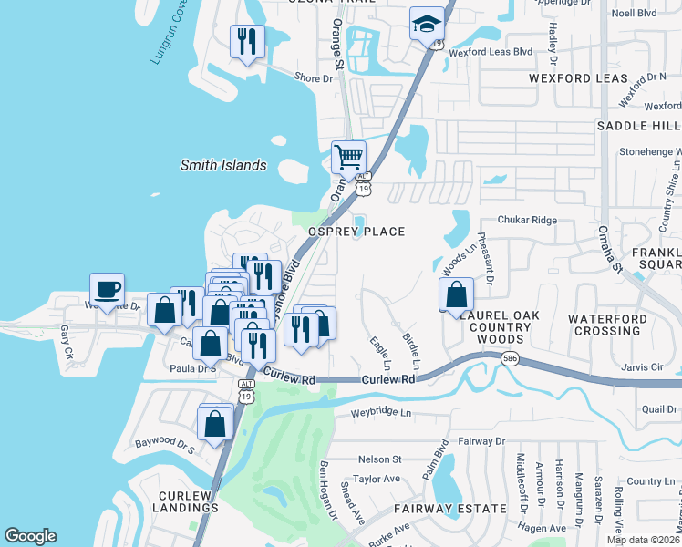 map of restaurants, bars, coffee shops, grocery stores, and more near 213 East Avenue in Palm Harbor