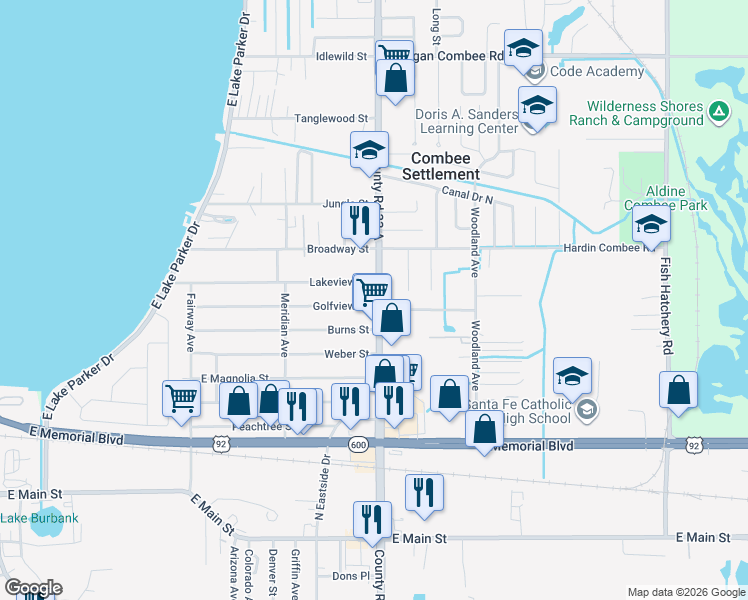 map of restaurants, bars, coffee shops, grocery stores, and more near 2622 Golfview Street in Lakeland