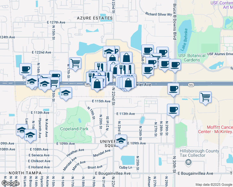 map of restaurants, bars, coffee shops, grocery stores, and more near 11601 North 22nd Street in Tampa